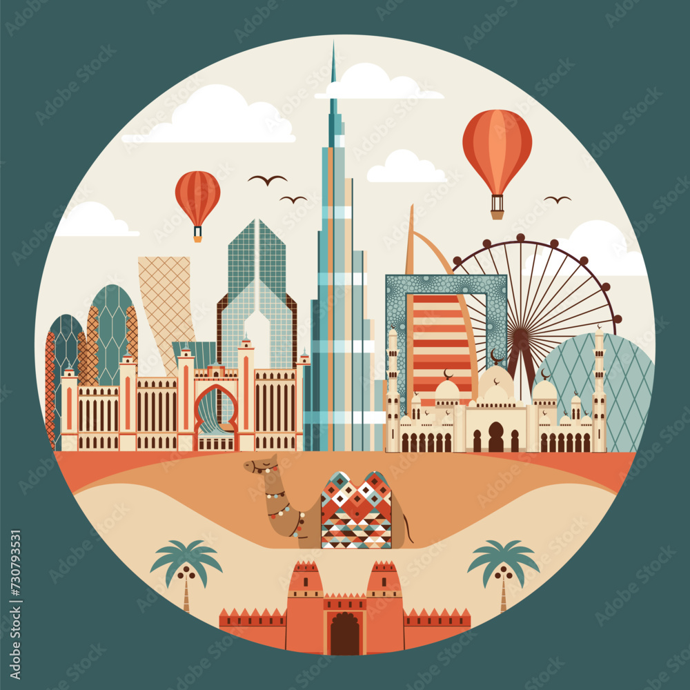 Travel Emirates Print with UAE Landmarks and Camel
