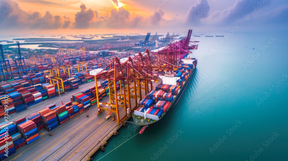 Naklejka premium Global Trade in Action: Aerial View of Busy Shipping Port with Colorful Containers