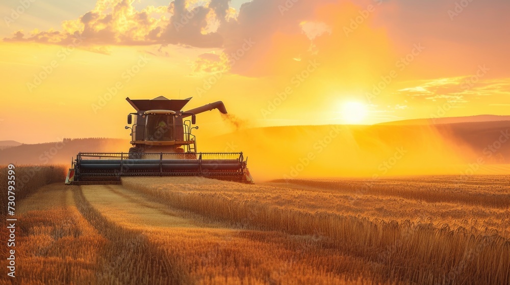 Fototapeta premium Harvest Time: Combine Harvester Working in Wheat Field at Sunset