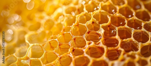 Honeycomb is a beeswax structure used by bees to store honey and larvae, known for its hexagonal shape and golden brown color.