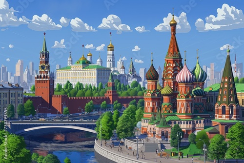 Game map. Church. Cartoon Moscow city scene. Gameplay. Game design. A capital of Russia. Red Square. Animated Moscow, Russian capital. Kremlin. Cathedral. Temple. Travel. Brick tower. History photo