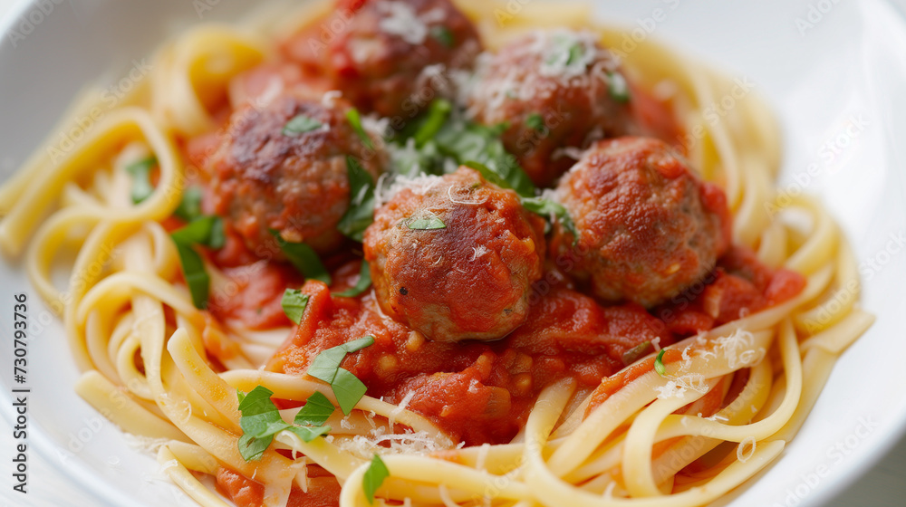 Plate of steaming hot delicious pasta and meatballs.