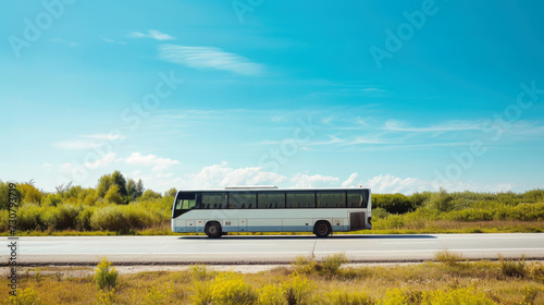 Scenic Road Trip: Modern Coach Bus Traveling on Rural Road with Lush Greenery and Blue Sky
