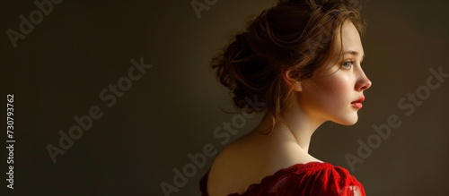 Portrait of woman in red dress, looking over left shoulder.