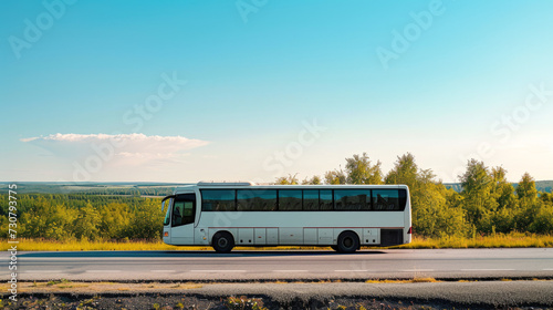 Scenic Road Trip: Modern Coach Bus Traveling on Rural Road with Lush Greenery and Blue Sky