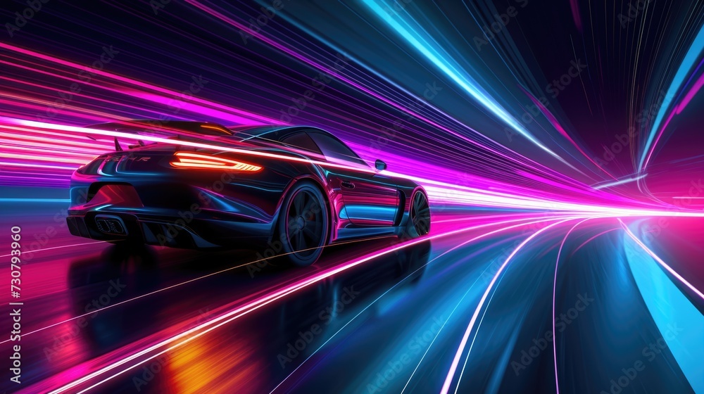 Neon Speed: Sports Car in Motion with Vibrant Light Streaks on Futuristic Highway