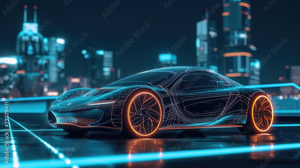 Futuristic Car Design Concept with Cityscape Background