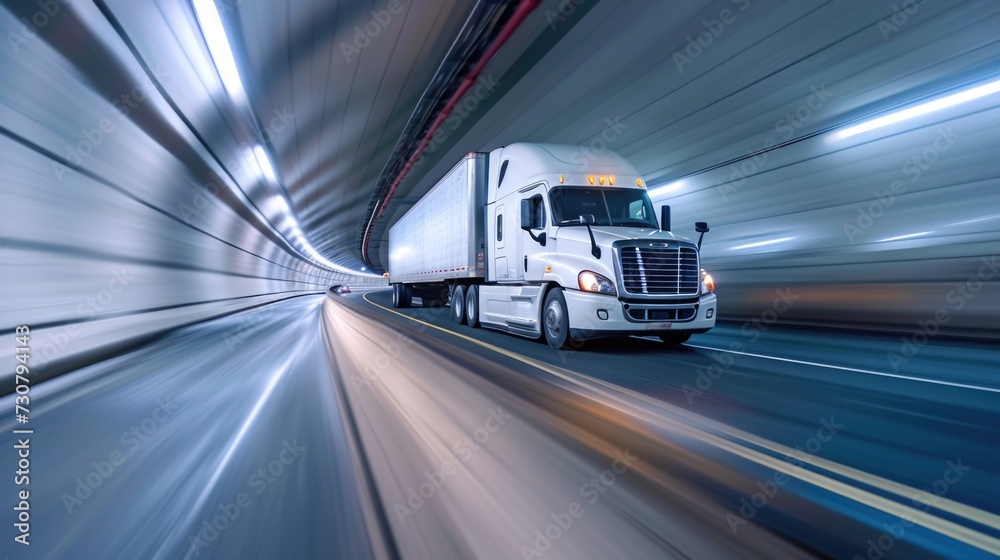 Speeding Semi Truck in Tunnel Transportation Concept