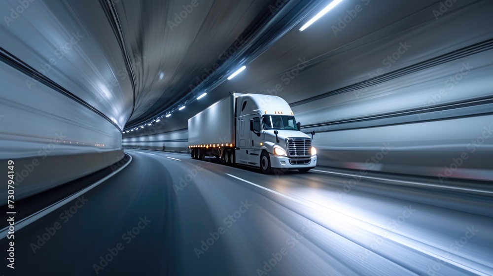 Speeding Semi Truck in Tunnel Transportation Concept