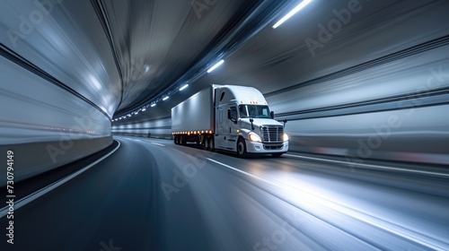 Speeding Semi Truck in Tunnel Transportation Concept