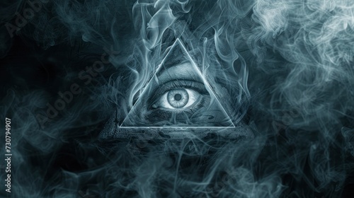 All seeing eye, illuminats, masons, symbol on dark back with smoke