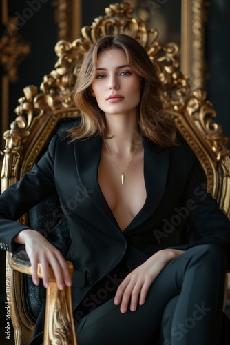 Beautiful sensual businesswoman sitting on the throne in a style-appropriate interior, studio photo, professional shooting