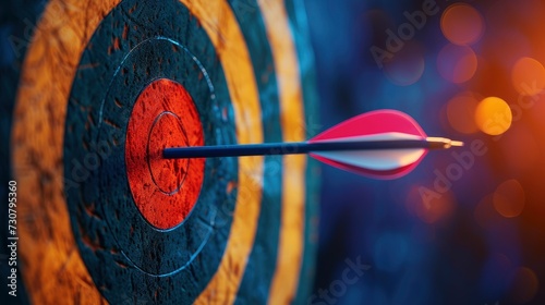 Bow arrow hits straight in the center of target, dramatic light, 3d style on vivid background