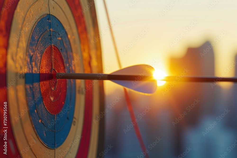 Bow arrow hits straight in the middle of target, dramatic light, city skyline background, professional close up photo Bow arrow hits straight in the middle of target, dramatic light, city skyline background, professional close up photo