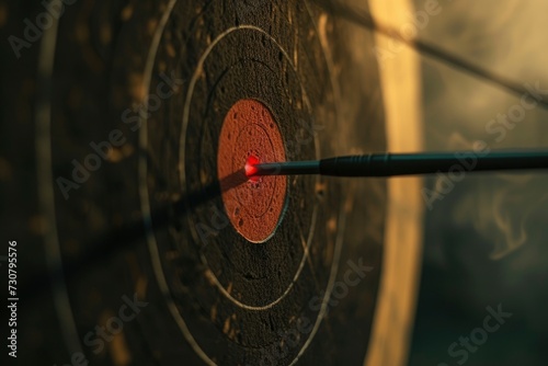 Bow arrow hits straight in the middle of target, dramatic light, dark smoked background, professional close up photo