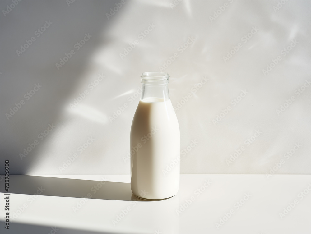 milk in a glass bottle mockup, bottle on the table
