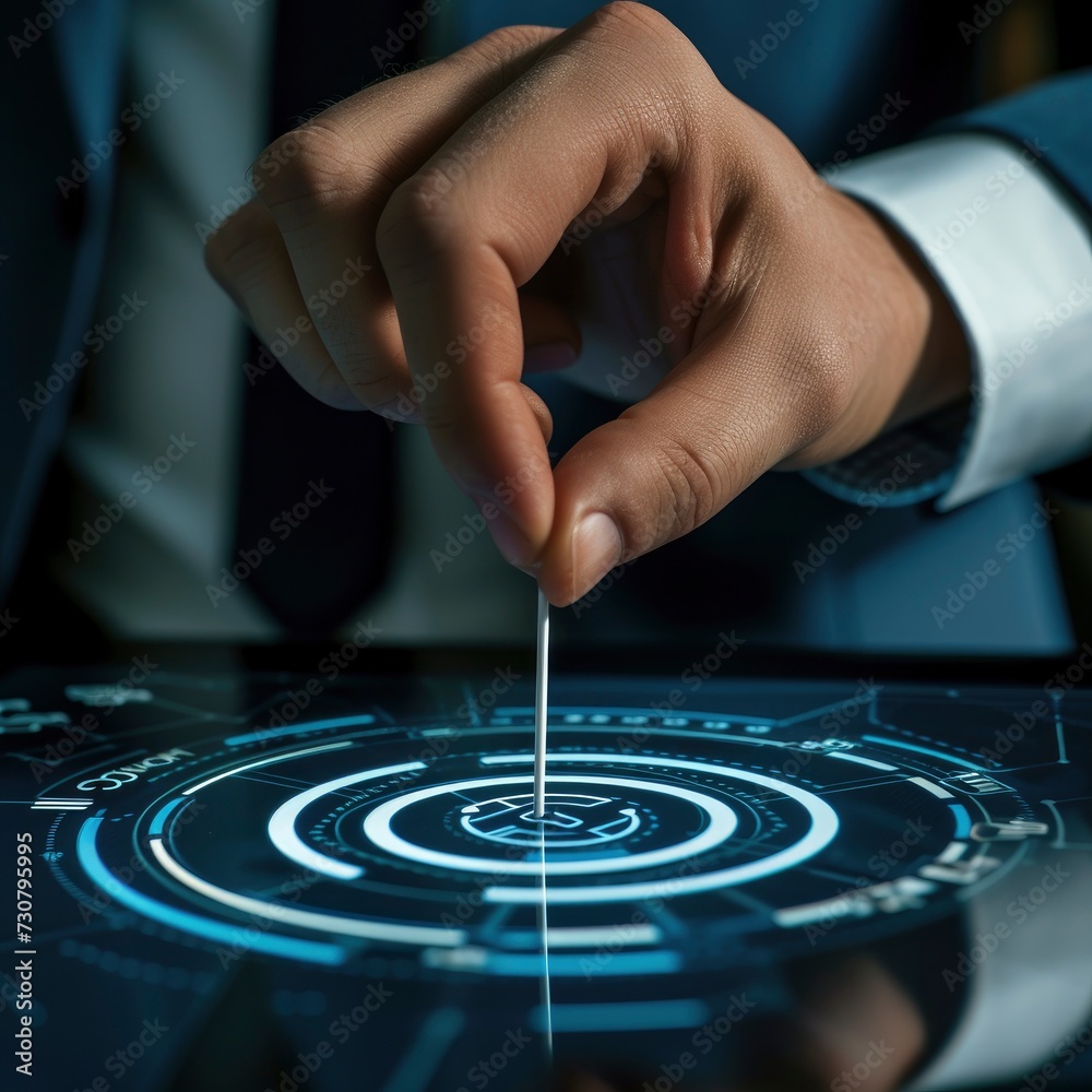 Businessman touches the target on the virtual board, precision in setting objectives for business investments, visualizes strategic approach to achieving goals Businessman touches the target on the virtual board, precision in setting objectives for business investments, visualizes strategic approach to achieving goals