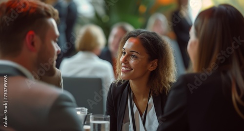 Group of businesspeople networking at a conference, interacting and making contacts at business event session. Businesswoman at a meeting. photo