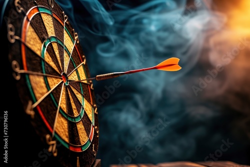 Dart arrow hits the middle of target, dramatic light, dark smoked background, professional close up photo