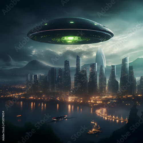 Alien spaceship hovering over a city 