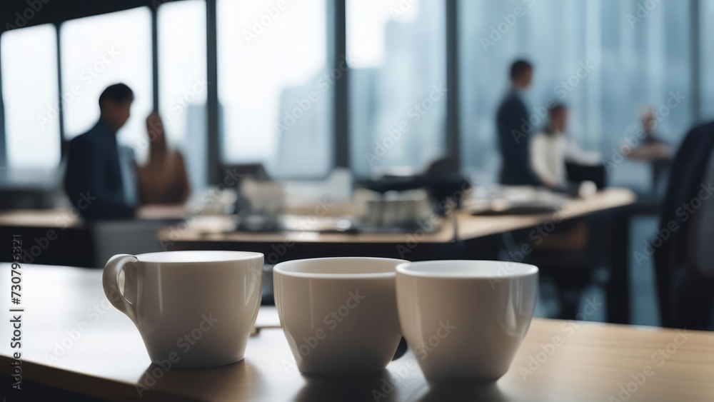 Cups in the office in the foreground. Cups in the office in the foreground.