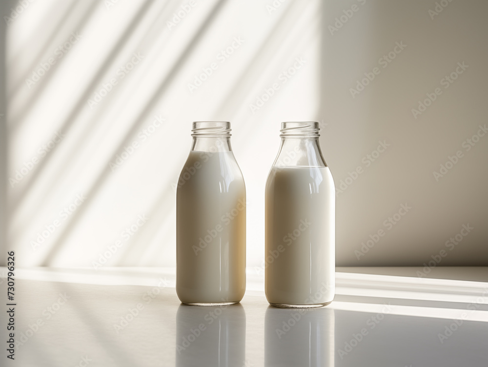 milk in a glass bottle mockup, bottle on the table