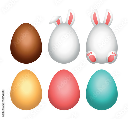 Easter eggs vector illustration in 3d realistic style. Classic cute pastel color chocolate egg with bunny or rabbit ears isolated on white background.