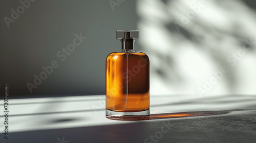 a blank brown bottle of perfume with a spray nozzle on a gray background 
