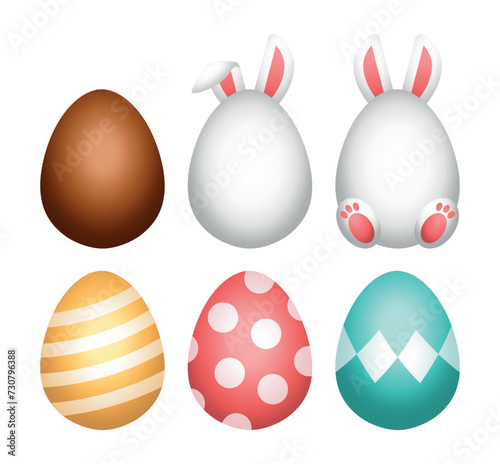 Easter eggs vector illustration in 3d realistic style. Classic cute pastel color chocolate egg with bunny or rabbit ears isolated on white background.