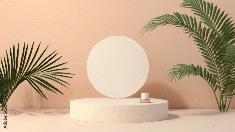 3d background products display podium scene with palm leaf geometric platform. Stage showcase on pedestal at beige studio . 3d background products display podium scene with palm leaf geometric platform. Stage showcase on pedestal at beige studio .