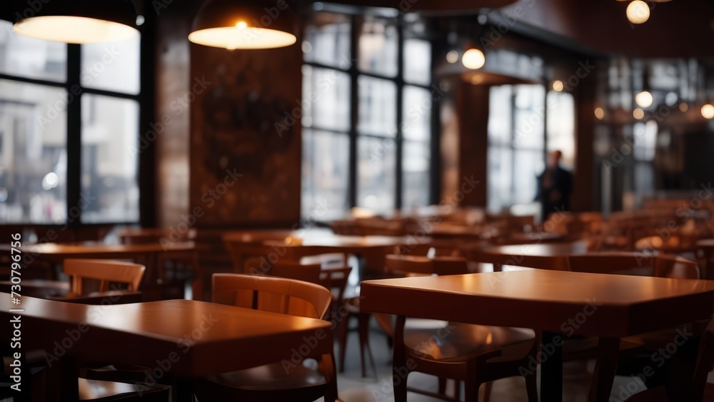 An empty cafe with wooden tables and a beautiful interior.