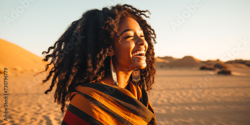 African woman laughing in desert wearing traditional clothes