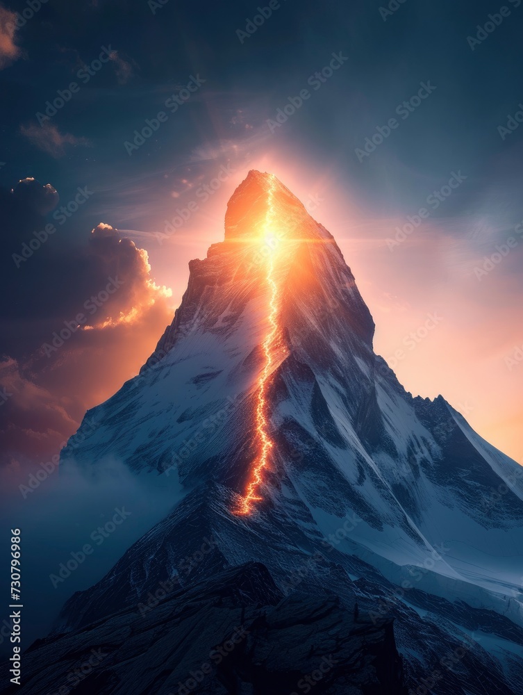 Huge mountain to the top of which leads a bright line of light, the top is illuminated from behind, symbolic path to success, goal achievement