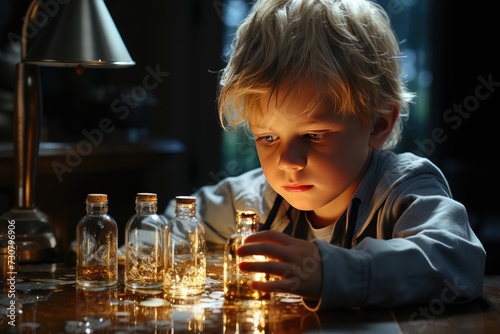 cute little boy scientist mixing chemical liquid in flasks doing science project experiment in the laboratory photo