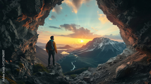 Adventurous Man Hiker standing in a cave with rocky mountains in background. Sunset Cloudy Sky
