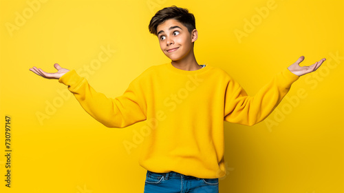 Teenage girl presenting with her palms up in a gesture of uncertainty, wearing casual clothes on a yellow backdrop