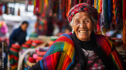 Joyful woman dressed in gray embodies the effervescent spirit of the South American marketplace. © XaMaps