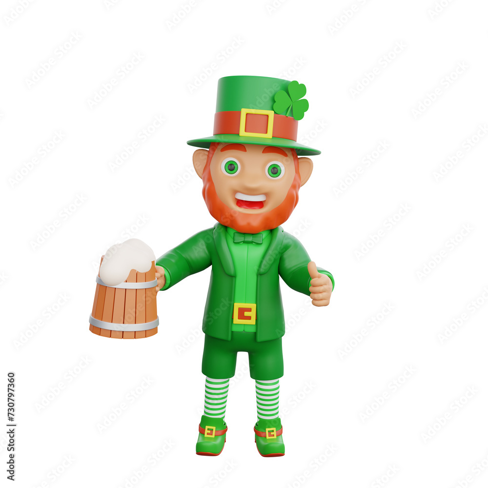 3D illustration of St. Patrick's Day character leprechaun holding wooden mugs of beer