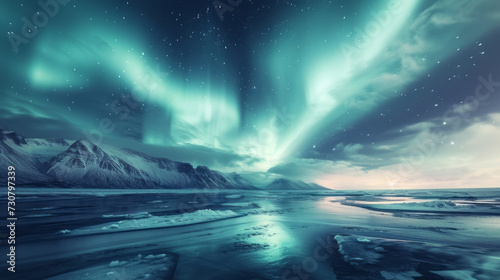 Aurora borealis over ocean. Starry sky with polar lights and clouds. Night winter landscape with aurora, sea with blurred water, snowy mountains