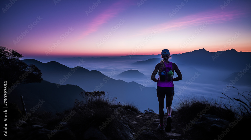 An ultramarathon runner wearing violet accessories takes a steep, unmarked trail down a mountain at twilight
