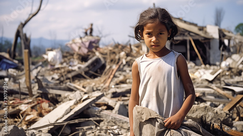 A girl standing in front of her destroyed home
