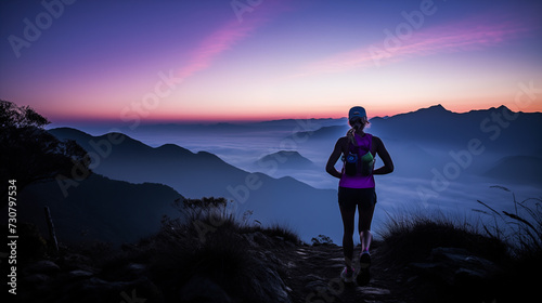 An ultramarathon runner wearing violet accessories takes a steep  unmarked trail down a mountain at twilight