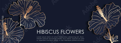 Luxurious dark blue floral card with golden hibiscus flowers. Floral background, wallpaper, poster, banner