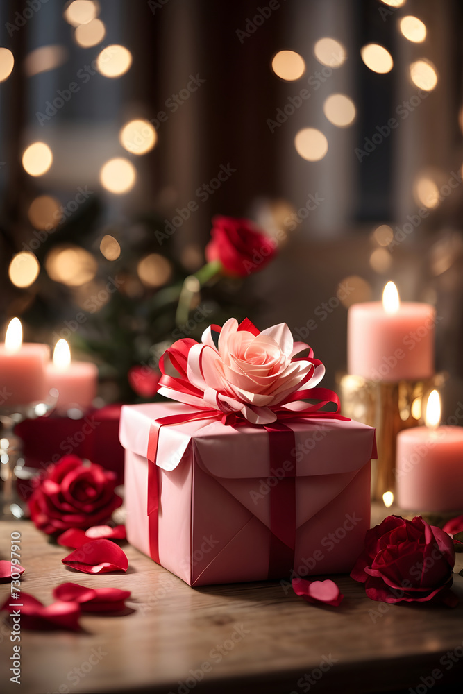 Candles. Delicate sensual wrapped in pink paper gift box with red ribbon bow and rose nearby conveying romance, celebration and enchanting romantic atmosphere. Bokeh background Candles. Delicate sensual wrapped in pink paper gift box with red ribbon bow and rose nearby conveying romance, celebration and enchanting romantic atmosphere. Bokeh background
