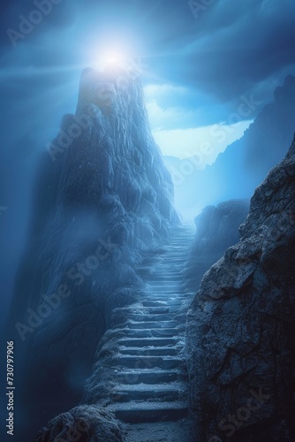 Way to success, a stairs leads to the top of a mountain which is illuminated by light, conceptual image