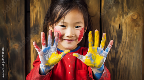 Mongolian child with an air of confidence, her hand smeared with paint against a rustic background, symbolizing a fusion of tradition and creativity