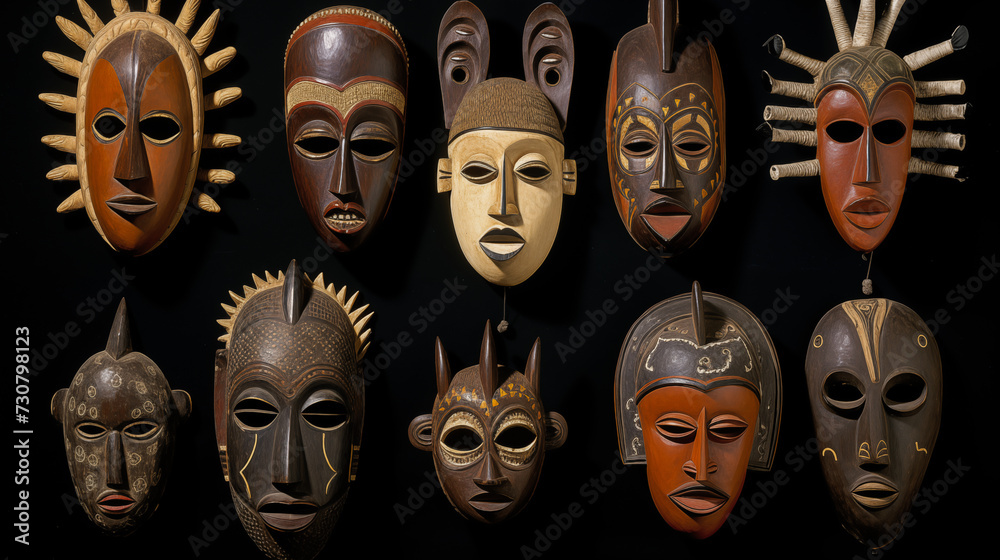 Array of African ceremonial masks with different expressions and designs, used in traditional rituals