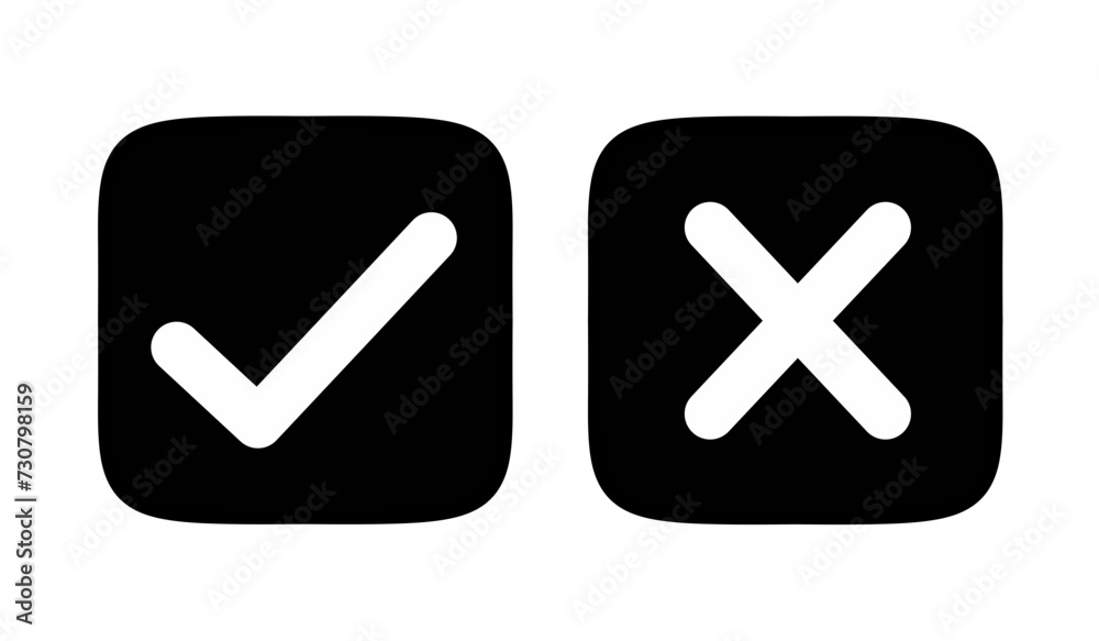 Flat right and wrong icons on black square Flat right and wrong icons on black square