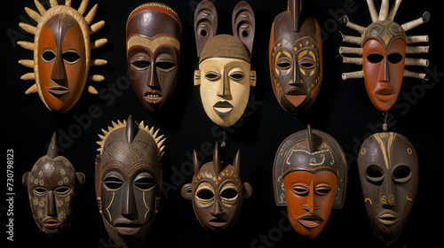 Array of African ceremonial masks with different expressions and designs, used in traditional rituals