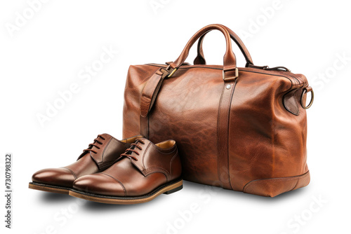 A brown leather bag and a pair of shoes, perfect for business professionals, are showcased on a white background.